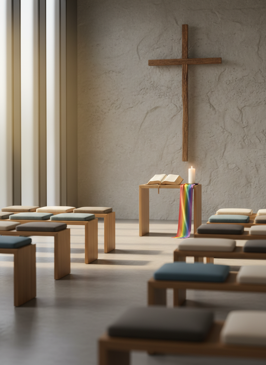 A warmly lit, modern chapel interior without people, featuring a simple wooden cross standing against a textured, light-gray stone wall. Soft cushions in muted blues and grays rest on neat rows of minimalist wooden benches. At the base of the cross, a small table holds an open, well-worn Bible, a lit white pillar candle, and a subtle rainbow-colored ribbon draped gently beside them. Late-afternoon sunlight filters through frosted windows, casting soft, elongated shadows and creating a calm, inclusive atmosphere. Photographed at eye level with a shallow depth of field that keeps the cross and ribbon in crisp focus while the benches recede into a gentle blur, emphasizing photographic realism and a professional, peaceful mood.