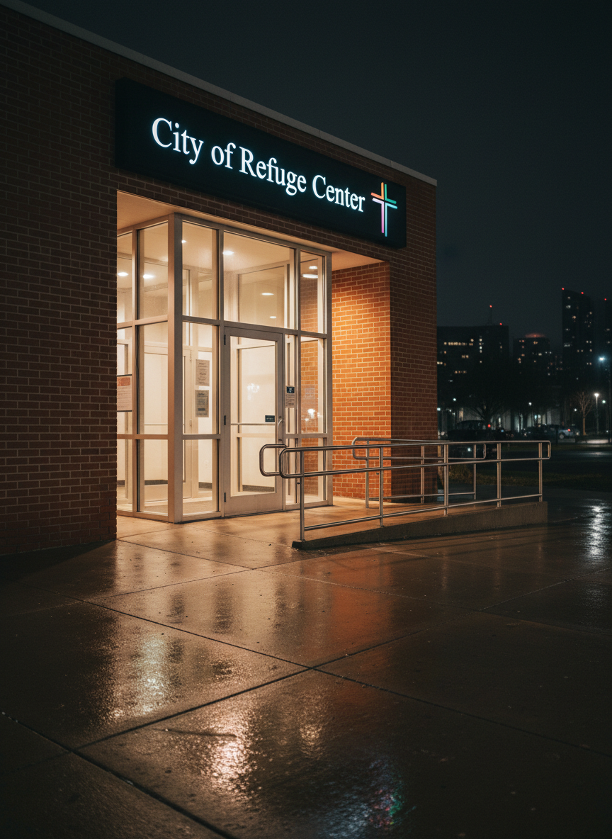 A nighttime exterior of a small, brick community center with a modern glass entrance, no people present. Above the doorway, a thoughtfully designed sign reads “City of Refuge Center” beside a simple, stylized cross with a faint, multi-colored gradient suggesting a rainbow. Warm light spills out from inside through the glass, creating a golden glow on the pavement and illuminating a simple metal ramp and railings, emphasizing accessibility. Soft streetlights cast gentle reflections on the wet sidewalk, suggesting a recent rain and adding depth and texture. Photographed from a low, three-quarter angle to emphasize the welcoming entrance, with crisp focus on the building and a soft, darkened city backdrop, in realistic, professional, photographic style that feels safe and inviting.