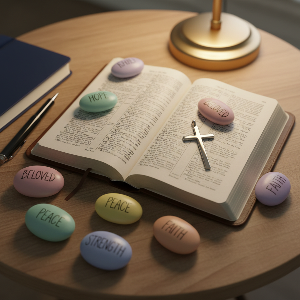 A close-up, overhead view of a wooden table with an intentional arrangement of symbolic items, no people present. At the center lies an open Bible with gently worn pages, surrounded by small, smooth stones painted in soft pastel colors that subtly echo the rainbow, each stone inscribed with a single word like “hope,” “refuge,” and “beloved” in neat handwriting. A simple metal cross pendant rests on the page, catching warm, directional light from a nearby lamp. The background features a blurred edge of a navy-blue journal and a pen, suggesting reflection and support. The mood is calm, contemplative, and inclusive, captured in photographic realism with a shallow depth of field that keeps the Bible and stones sharply detailed against a softly fading, uncluttered environment.