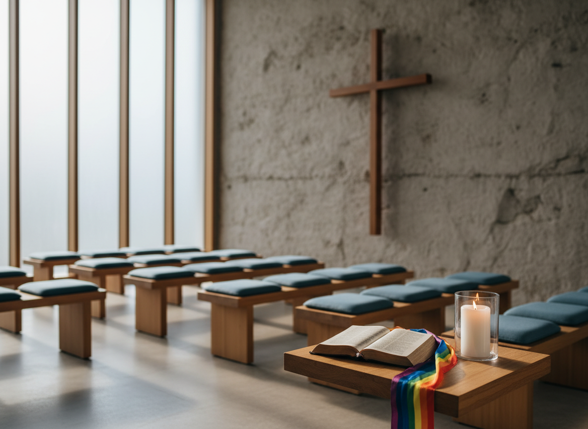 A warmly lit, modern chapel interior without people, featuring a simple wooden cross standing against a textured, light-gray stone wall. Soft cushions in muted blues and grays rest on neat rows of minimalist wooden benches. At the base of the cross, a small table holds an open, well-worn Bible, a lit white pillar candle, and a subtle rainbow-colored ribbon draped gently beside them. Late-afternoon sunlight filters through frosted windows, casting soft, elongated shadows and creating a calm, inclusive atmosphere. Photographed at eye level with a shallow depth of field that keeps the cross and ribbon in crisp focus while the benches recede into a gentle blur, emphasizing photographic realism and a professional, peaceful mood.