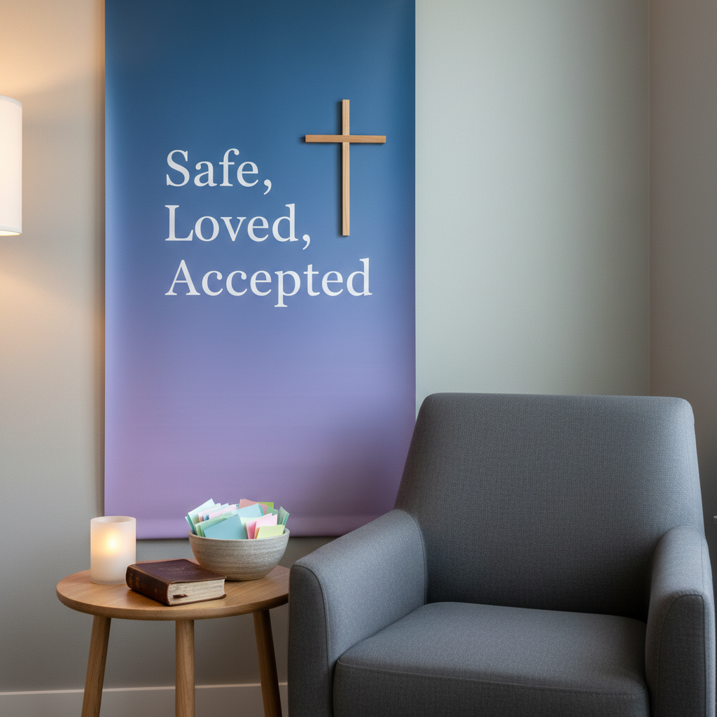 A serene prayer and reflection corner without any people, featuring a comfortable upholstered armchair in soft charcoal fabric beside a small round wooden side table. On the table sits a gently flickering LED candle in frosted glass, an open Bible, and a ceramic bowl filled with neatly folded, multi-colored paper slips representing anonymous prayer requests. Behind the chair, a vertical wall banner displays a subtle gradient from deep blue to soft violet with the words “Safe, Loved, Accepted” in clean, white lettering, next to a thin, minimalist cross. Warm, indirect lamplight blends with faint natural light from an unseen window, creating a tranquil, safe atmosphere. Photographed at eye level with balanced composition and crisp details, in a clean, professional photographic style ideal for a Christian outreach nonprofit.