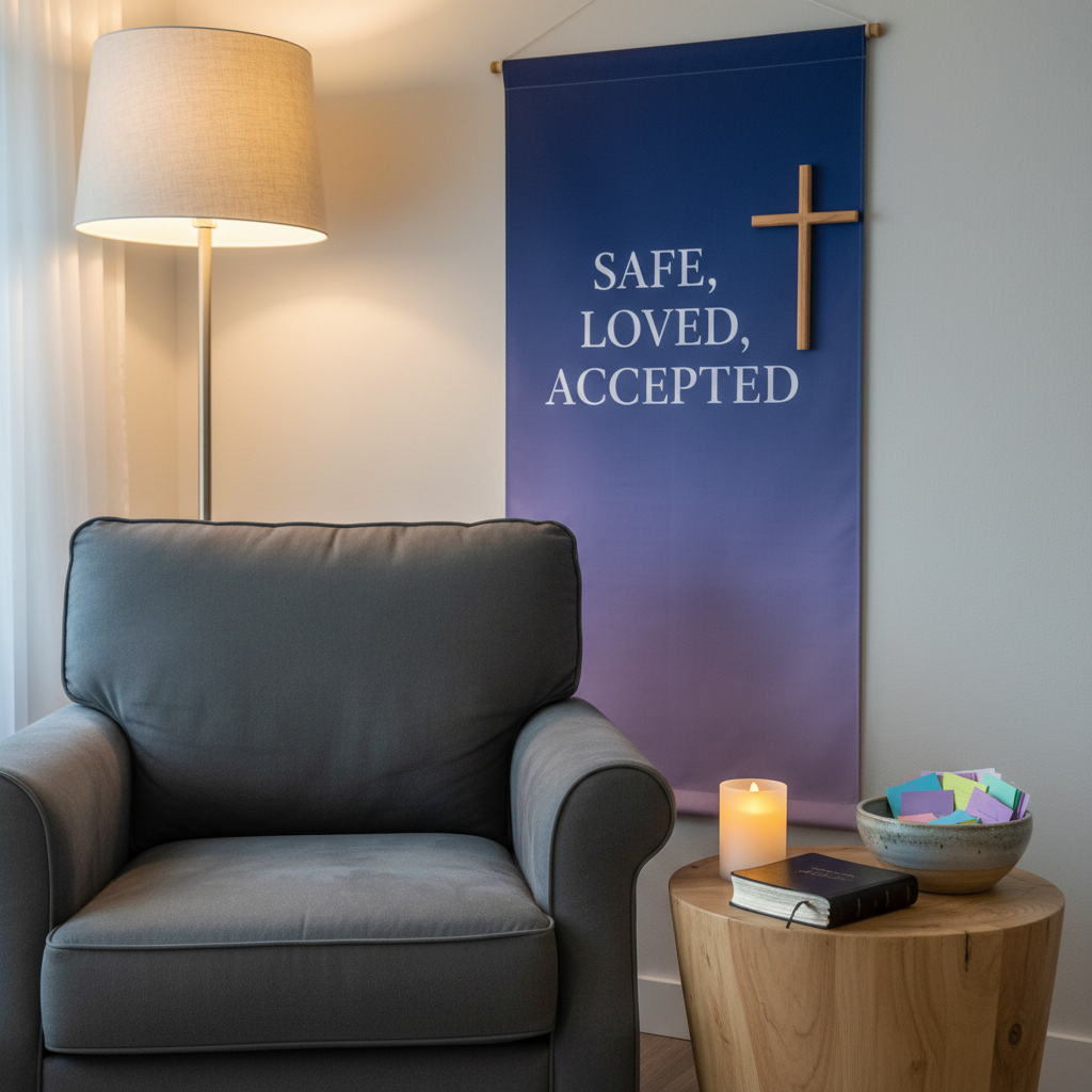 A serene prayer and reflection corner without any people, featuring a comfortable upholstered armchair in soft charcoal fabric beside a small round wooden side table. On the table sits a gently flickering LED candle in frosted glass, an open Bible, and a ceramic bowl filled with neatly folded, multi-colored paper slips representing anonymous prayer requests. Behind the chair, a vertical wall banner displays a subtle gradient from deep blue to soft violet with the words “Safe, Loved, Accepted” in clean, white lettering, next to a thin, minimalist cross. Warm, indirect lamplight blends with faint natural light from an unseen window, creating a tranquil, safe atmosphere. Photographed at eye level with balanced composition and crisp details, in a clean, professional photographic style ideal for a Christian outreach nonprofit.