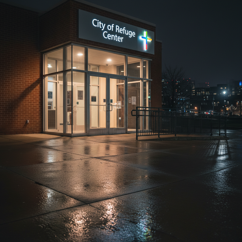A nighttime exterior of a small, brick community center with a modern glass entrance, no people present. Above the doorway, a thoughtfully designed sign reads “City of Refuge Center” beside a simple, stylized cross with a faint, multi-colored gradient suggesting a rainbow. Warm light spills out from inside through the glass, creating a golden glow on the pavement and illuminating a simple metal ramp and railings, emphasizing accessibility. Soft streetlights cast gentle reflections on the wet sidewalk, suggesting a recent rain and adding depth and texture. Photographed from a low, three-quarter angle to emphasize the welcoming entrance, with crisp focus on the building and a soft, darkened city backdrop, in realistic, professional, photographic style that feels safe and inviting.