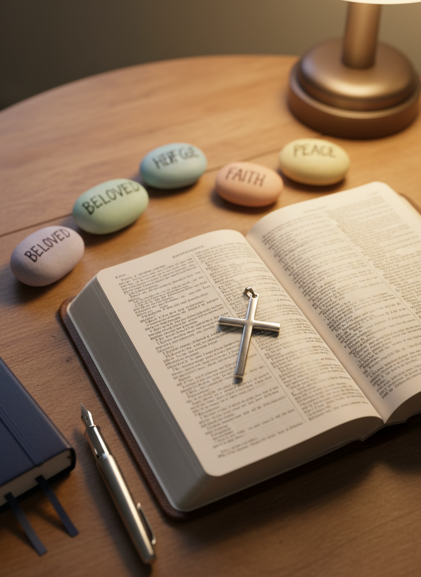 A close-up, overhead view of a wooden table with an intentional arrangement of symbolic items, no people present. At the center lies an open Bible with gently worn pages, surrounded by small, smooth stones painted in soft pastel colors that subtly echo the rainbow, each stone inscribed with a single word like “hope,” “refuge,” and “beloved” in neat handwriting. A simple metal cross pendant rests on the page, catching warm, directional light from a nearby lamp. The background features a blurred edge of a navy-blue journal and a pen, suggesting reflection and support. The mood is calm, contemplative, and inclusive, captured in photographic realism with a shallow depth of field that keeps the Bible and stones sharply detailed against a softly fading, uncluttered environment.