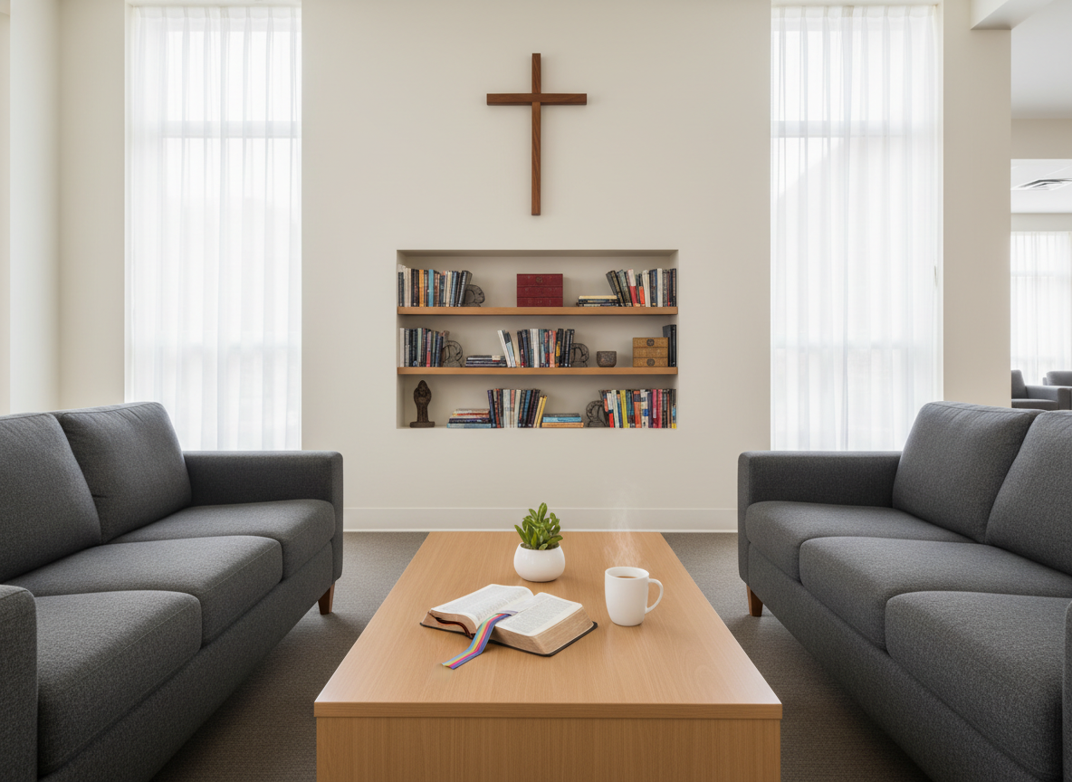 A cozy, contemporary community lounge without people, furnished with soft gray sofas encircling a low, natural-wood coffee table. On the table lies an open Bible with a fabric bookmark in soft rainbow hues, next to a ceramic mug and a small potted plant in a white matte planter. The walls are painted in warm off-white with a discrete wooden cross mounted above a built-in bookshelf filled with neatly arranged books and subtle, colorful accents. Diffused overcast light pours in through large windows with sheer curtains, creating a welcoming, safe atmosphere. Captured from a slightly elevated angle with balanced composition and gentle bokeh in the background, in a clean, photographic style suited to a professional nonprofit website.