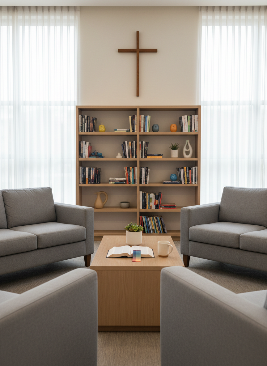 A cozy, contemporary community lounge without people, furnished with soft gray sofas encircling a low, natural-wood coffee table. On the table lies an open Bible with a fabric bookmark in soft rainbow hues, next to a ceramic mug and a small potted plant in a white matte planter. The walls are painted in warm off-white with a discrete wooden cross mounted above a built-in bookshelf filled with neatly arranged books and subtle, colorful accents. Diffused overcast light pours in through large windows with sheer curtains, creating a welcoming, safe atmosphere. Captured from a slightly elevated angle with balanced composition and gentle bokeh in the background, in a clean, photographic style suited to a professional nonprofit website.