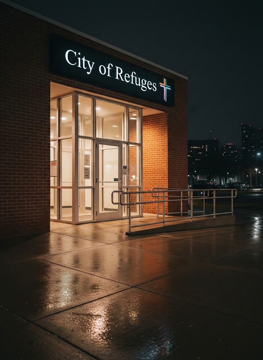 A nighttime exterior of a small, brick community center with a modern glass entrance, no people present. Above the doorway, a thoughtfully designed sign reads “City of Refuge Center” beside a simple, stylized cross with a faint, multi-colored gradient suggesting a rainbow. Warm light spills out from inside through the glass, creating a golden glow on the pavement and illuminating a simple metal ramp and railings, emphasizing accessibility. Soft streetlights cast gentle reflections on the wet sidewalk, suggesting a recent rain and adding depth and texture. Photographed from a low, three-quarter angle to emphasize the welcoming entrance, with crisp focus on the building and a soft, darkened city backdrop, in realistic, professional, photographic style that feels safe and inviting.