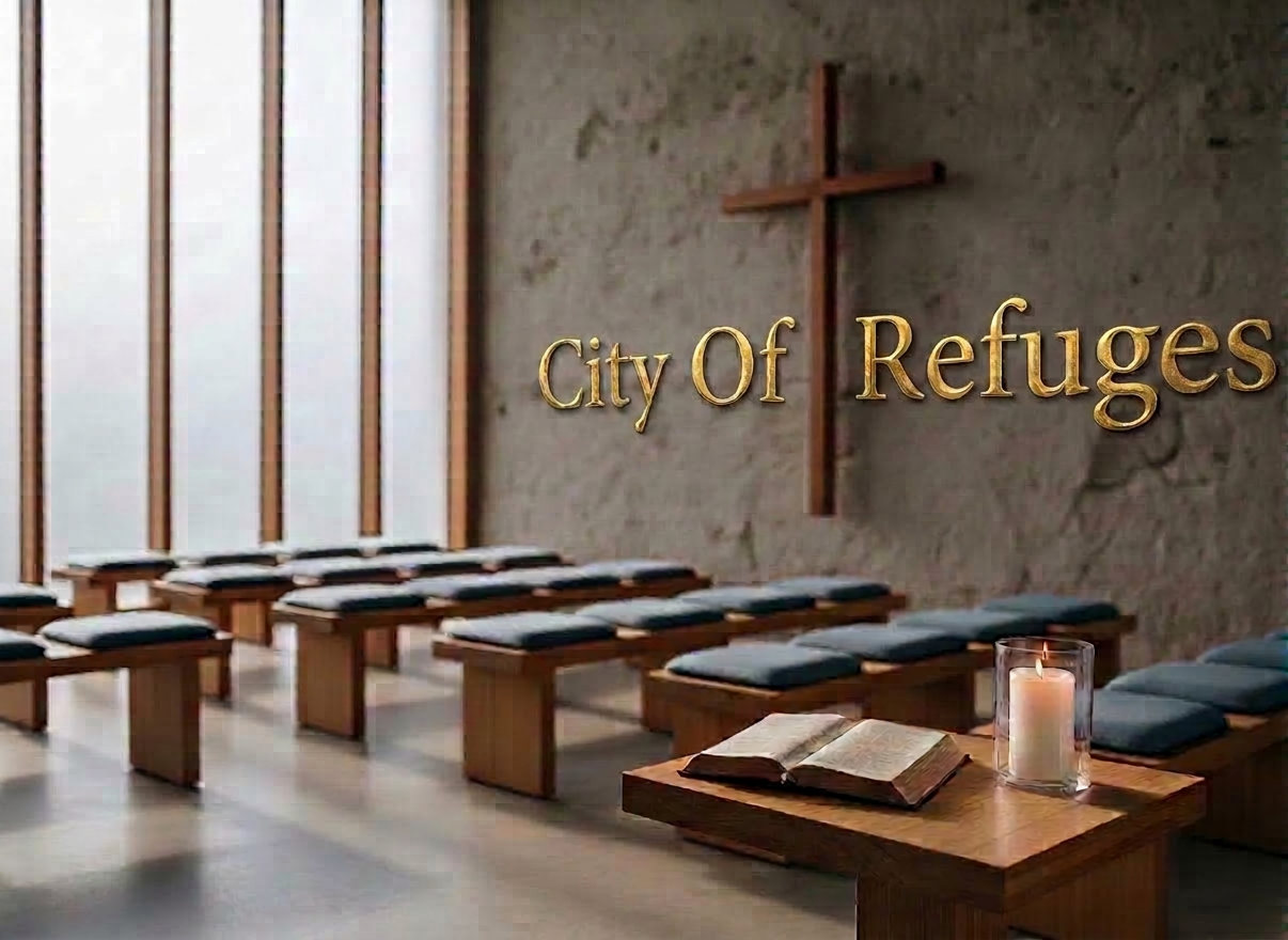 A warmly lit, modern chapel interior without people, featuring a simple wooden cross standing against a textured, light-gray stone wall. Soft cushions in muted blues and grays rest on neat rows of minimalist wooden benches. At the base of the cross, a small table holds an open, well-worn Bible, a lit white pillar candle, and a subtle rainbow-colored ribbon draped gently beside them. Late-afternoon sunlight filters through frosted windows, casting soft, elongated shadows and creating a calm, inclusive atmosphere. Photographed at eye level with a shallow depth of field that keeps the cross and ribbon in crisp focus while the benches recede into a gentle blur, emphasizing photographic realism and a professional, peaceful mood.