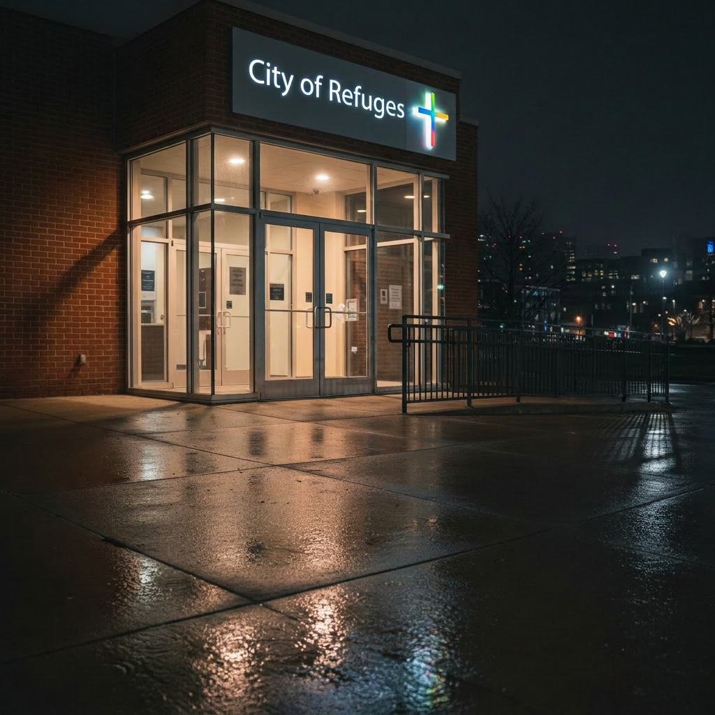 A nighttime exterior of a small, brick community center with a modern glass entrance, no people present. Above the doorway, a thoughtfully designed sign reads “City of Refuge Center” beside a simple, stylized cross with a faint, multi-colored gradient suggesting a rainbow. Warm light spills out from inside through the glass, creating a golden glow on the pavement and illuminating a simple metal ramp and railings, emphasizing accessibility. Soft streetlights cast gentle reflections on the wet sidewalk, suggesting a recent rain and adding depth and texture. Photographed from a low, three-quarter angle to emphasize the welcoming entrance, with crisp focus on the building and a soft, darkened city backdrop, in realistic, professional, photographic style that feels safe and inviting.