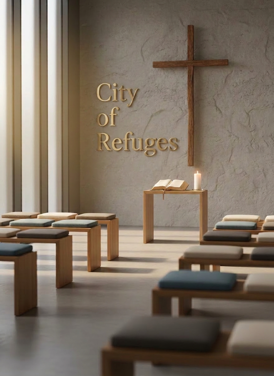 Christian outreach A warmly lit, modern chapel interior without people, featuring a simple wooden cross standing against a textured, light-gray stone wall. Soft cushions in muted blues and grays rest on neat rows of minimalist wooden benches. At the base of the cross, a small table holds an open, well-worn Bible, a lit white pillar candle, and a subtle rainbow-colored ribbon draped gently beside them. Late-afternoon sunlight filters through frosted windows, casting soft, elongated shadows and creating a calm, inclusive atmosphere. Photographed at eye level with a shallow depth of field that keeps the cross and ribbon in crisp focus while the benches recede into a gentle blur, emphasizing photographic realism and a professional, peaceful mood.
